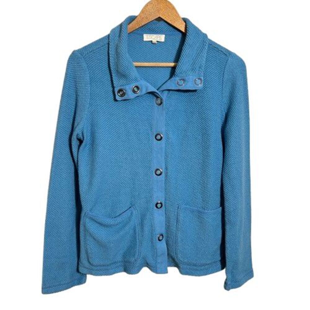 Escape By Habitat Womens Blue Textured Snap Button Cardigan Jacket XS Cotton